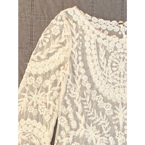 Free People Sheer Cream Lace Long Bell Sleeve Top Embroidery Floral Crochet XS - Picture 6 of 10